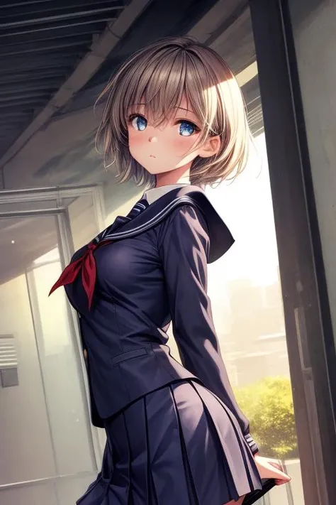 cinematic lighting, dynamic angle, 1girl, short hair, medium breasts, school uniform, outside, sunny