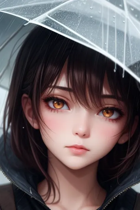 cinematic lighting, 1girl, overcast, rain, close-up