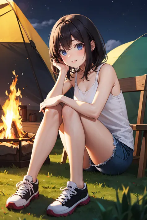 (((Clean, (Masterpiece:1.6), (Best quality:1.6), (Professional:1.4), (highly detailed:1.4), (HD:1.4),(HDR:1.4),(UHD:1.4),16K))), 1young_woman, solo, mature and sexy, perfect body, big boobs, long black straight hair, bangs, expressive eyes, seductive eyes, (dark blue eyes:1.5), perfect face, (light smile), (hugging legs pose), (Blue Tshirt:1.4), (Tapered shorts:1.3), Campfire, Tent, Grass, Night Starry Sky