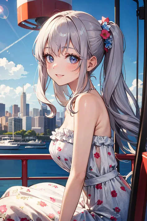 (masterpiece), best quality, highres, ultra-detailed, sharp focus, photorealistic, 3d,  ultra detailed hair, detailed background,  wind effect, wind, grey hair, long hair,
happy, parted lips, smile, full-face blush, lens flare, sundress,  strapless dress,  floral print, dynamic pose,
(woman ride a Ferris wheel), (sit a Ferris wheel), see the cityscape in the distance, from side,