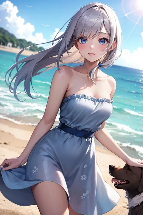 (masterpiece), best quality, highres, ultra-detailed, sharp focus, photorealistic, 3d, ultra detailed hair, detailed background, wind effect, wind, grey hair, long hair,
happy, parted lips, smile, full-face blush, lens flare, sundress, strapless dress, floral print, dynamic pose,
woman walking a dog on the beach, woman Pulled by a Dog