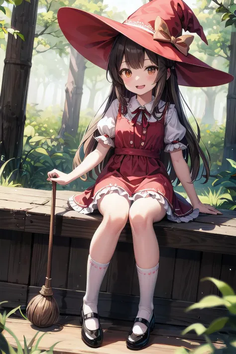<lyco:GoodHands:1.0>, <lora:add_detail:0.5>, (masterpiece), best quality, outdoors, forest, nature, 1girl, solo, petite, witch, long hair, light brown hair, hair bow, ribbon, hair ribbon, red ribbon, orange eyes, hat, witch hat, blush, smile, open mouth, dress, red dress, frills, frilled dress, lace trim, puffy sleeves, white socks, bobby socks, shoes, mary janes