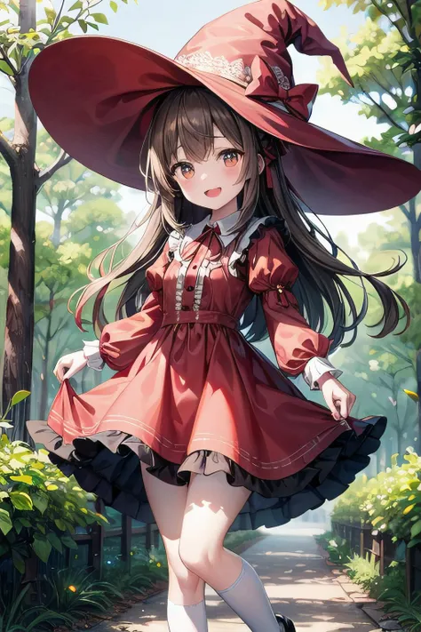 <lyco:GoodHands:1.0>, <lora:add_detail:0.5>, (masterpiece), best quality, outdoors, forest, nature, 1girl, solo, petite, witch, long hair, light brown hair, hair bow, ribbon, hair ribbon, red ribbon, orange eyes, hat, witch hat, blush, smile, open mouth, dress, red dress, frills, frilled dress, lace trim, puffy sleeves, white socks, bobby socks, shoes, mary janes