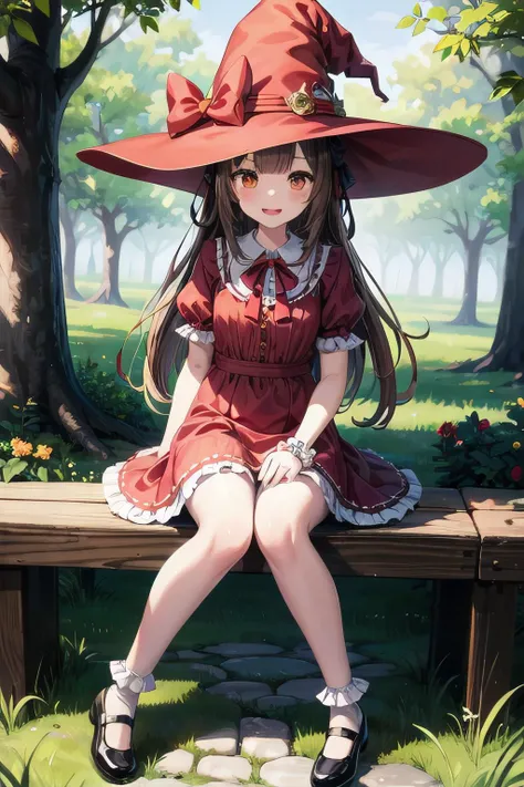 <lyco:GoodHands:1.0>, <lora:add_detail:0.5>, (masterpiece), best quality, outdoors, forest, nature, 1girl, solo, petite, witch, long hair, light brown hair, hair bow, ribbon, hair ribbon, red ribbon, orange eyes, hat, witch hat, blush, smile, open mouth, dress, red dress, frills, frilled dress, lace trim, puffy sleeves, white socks, bobby socks, shoes, mary janes
