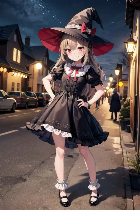 <lyco:GoodHands:1.0>, <lora:add_detail:0.5>, (masterpiece), best quality, town, night, 1girl, solo, petite, witch, long hair, light brown hair, red eyes, hat, witch hat, grin, dress, black dress, frills, frilled dress, lace trim, puffy sleeves, white socks, bobby socks, shoes, mary janes, hand on hip