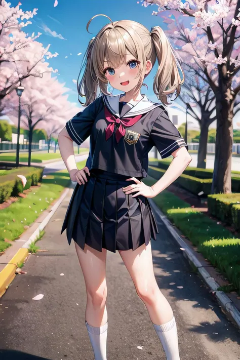<lyco:GoodHands:1.0>, <lora:add_detail:0.5>, (masterpiece), best quality, day, sky, cherry blossoms, school, 1girl, solo, petite, medium hair, light brown hair, ahoge, twintails, blush, smile, open mouth, school uniform, white socks, bobby socks, shoes, mary janes, standing, hand on hip