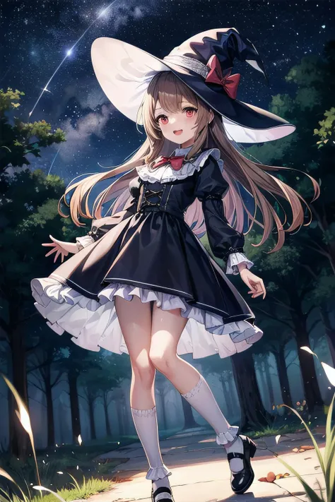 <lyco:GoodHands:1.0>, <lora:add_detail:0.5>, (masterpiece), best quality, scenery, forest, night, starry sky, glowing, sparkle, fireflies, 1girl, solo, petite, witch, long hair, light brown hair, red eyes, witch hat, blush, open mouth, smile, black dress, frills, lace trim, puffy sleeves, white socks, bobby socks, shoes, mary janes, standing, dutch angle