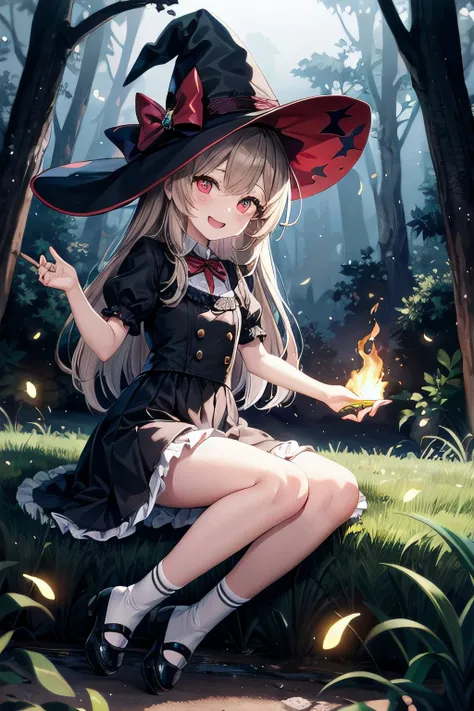 <lyco:GoodHands:1.0>, <lora:add_detail:0.5>, (masterpiece), best quality, scenery, forest, night, glowing, reflective, sparkle, magic, fireflies, 1girl, solo, petite, witch, long hair, light brown hair, red eyes, glowing eyes, witch hat, blush, open mouth, smile, black dress, frills, lace trim, puffy sleeves, white socks, bobby socks, shoes, mary janes