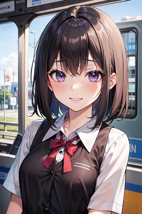 17 age, girl with,School Uniforms,slightly larger udder,Hairstyle is a bob cut, Harajuku,,a smile,full bodyesbian