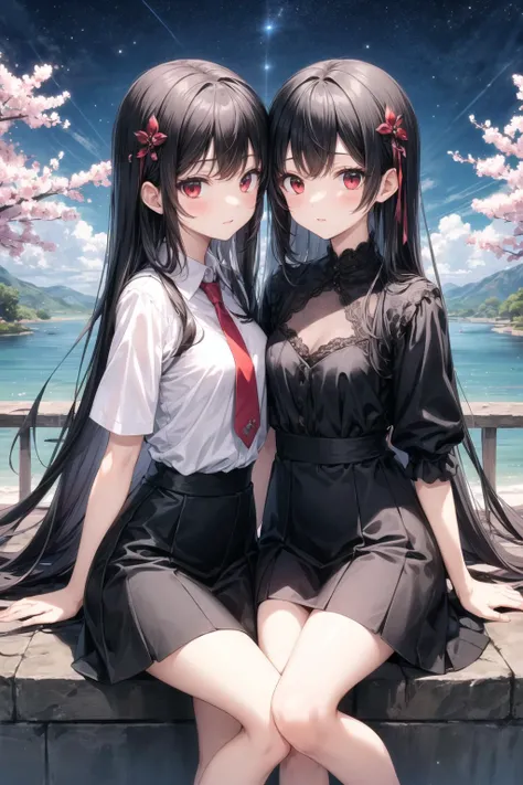 (masterpiece:1.2),best quality,extremely detailed,
BREAK
2girls,(petite:1.2),shiny skin,small breasts,very long hair,
detailed eyes,perfect anatomy,yuri,
cute eyes,(red eyes:1.3),(black hair:1.3),
BREAK
white shirt,black skirt,
BREAK
sakura tree,lake,garden,flower,galaxy sky,
BREAK
character focus,looking at viewer,
BREAK
<lyco:Add More Details:0.4>,