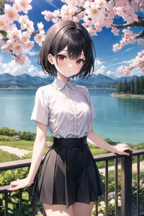 (masterpiece:1.2),best quality,extremely detailed,
BREAK
cute girl,(petite:1.2),solo,shiny skin,small breasts,short hair,
detailed eyes,perfect anatomy,
cute eyes,(red eyes:1.3),(black hair:1.3),
BREAK
white shirt,black skirt,
BREAK
sakura tree,lake,garden,flower,galaxy sky,
BREAK
character focus,looking at viewer,
BREAK
<lyco:Add More Details:0.4>,