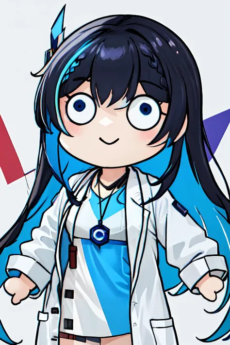 masterpiece,best quality,1girl,civitai-chan,braided bangs,multicolored hair,black hair,blue hair,blue eyes,labcoat,shirt,shirt tucked in,single vertical stripe,(necklace:1.1),belt,((teriderp, chibi)),laboratory,<lora:gijinkaseries_civitai:0.7>,<lora:Concept-control tool-add_detail-CyberAIchemist:0.2>,<lora:teri:1>,