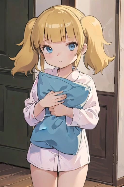 anime screencap, masterpiece, nice hands, best quality, 1girl, penny, solo, blonde hair, twintails, blunt bangs, flat chest, facing viewer, indoors, scared to sleep alone, nightshirt, scared, haunted mansion, fear