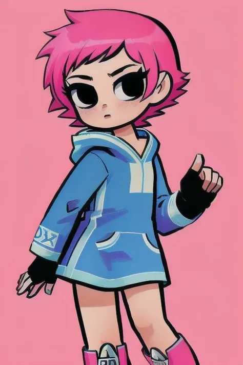 Masterpiece, High Quality, 1Girl, Shirt, Pants ,(Black Eyes:1.5), blomalley, (Small Sclera:1.2), pink hair, blue hoodie, tomboy, Pink Boots, thigh, fingerless gloves, Spats