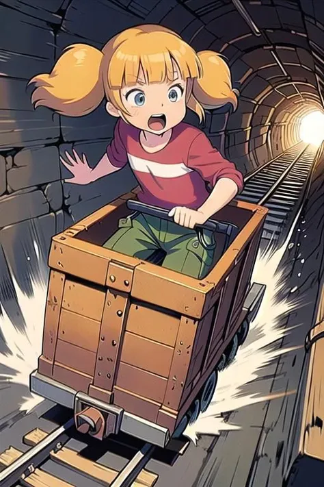 anime screencap, masterpiece,  nice hands, best quality,  1girl, penny, solo, blonde hair, twintails, blunt bangs, flat chest, (red shirt, single stripe) (striped shirt:0.5), pants, green pants, (reinforced knee:0.5), driving in box-shaped minecar,driving through a narrow dark underground tunnel in a dungeon,rusty,iron,box-shaped minecar,in box,railroad tracks,speed lines,dark background,floating hair,wind, child, screaming