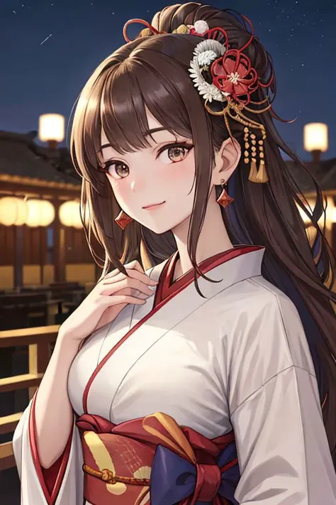 (best quality, masterpiece:1.2, photorealistic:1.4, highly detailed), 1 girl, in her 20s, detailed beautiful face, smile, detailed beautiful eyes, medium-length light-brown hair, wearing a fashionable navy kimono, hair ornament, earrings, realistic detailed skin texture, detailed hair, at hotel lounge, at night, sharp focus, from below portrait, Japanese girl, ,colorful_girl_v2