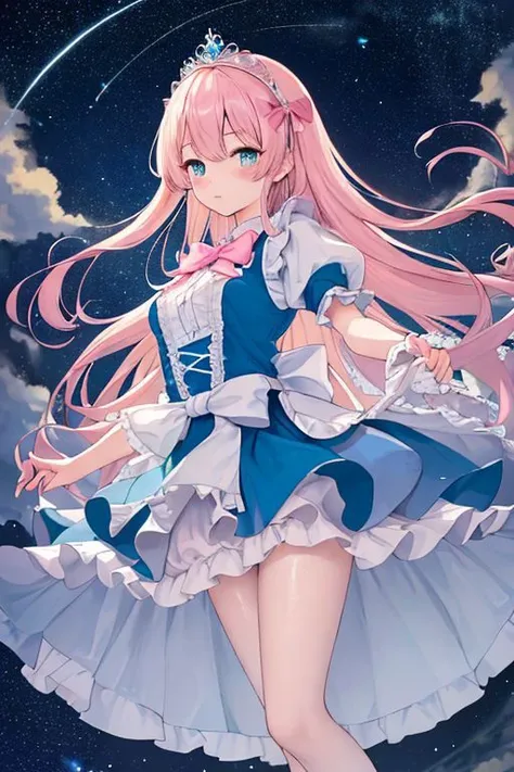 （masterpiece）、(highest quality)、((Super detailed))、(super delicate)、Ero cute、pastel colored hair、beautiful breasts、beautiful thighs、Gorgeous、fantastic sky、look up from below、natural hot spring
