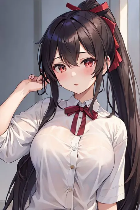 A woman with big ，Black long hair，twintails，Exquisite，Red ribbon，sleeveless，Loose collar，Slim waist，pubic，blush，bedroom，A cute daughter，