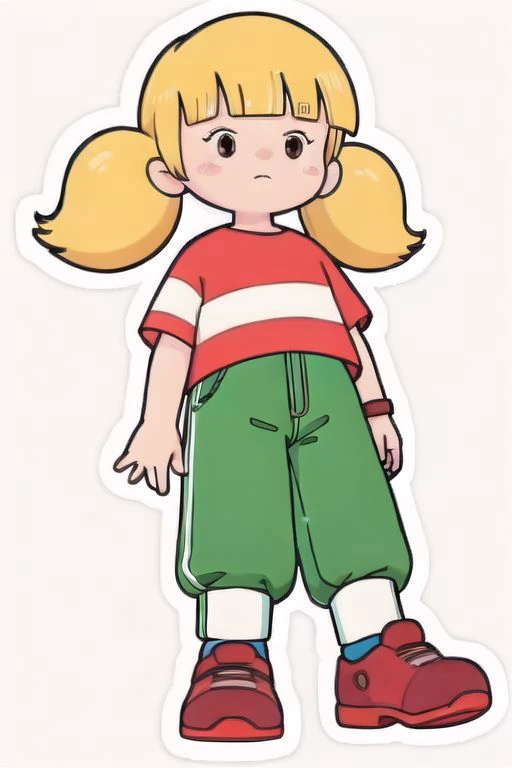 RStickers, masterpiece,  nice hands, best quality, 1girl, penny, blonde hair, twintails, blunt bangs, flat chest, <lora:Penny:1>, from below, (red shirt, striped shirt, white stripe), green pants, pants, reinforced knee, brown shoes, socks under pants, simple background, white background, full body