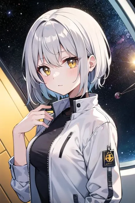 masterpiece, best quality, short hair, silver hair, yellow eyes, medium hair, medium breasts, close-up, indoors, space, science fiction, hand up, jacket, shirt,