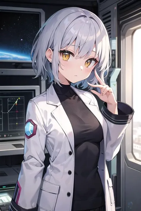 masterpiece, best quality, short hair, silver hair, yellow eyes, medium hair, medium breasts, close-up, indoors, space, science fiction, hand up, jacket, shirt,