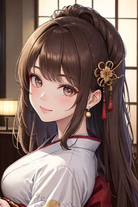 (best quality, masterpiece:1.2, photorealistic:1.4, highly detailed), 1 girl, in her 20s, detailed beautiful face, smile, detailed beautiful eyes, medium-length light-brown hair, wearing a fashionable navy kimono, hair ornament, earrings, realistic detailed skin texture, detailed hair, at hotel lounge, at night, sharp focus, from below portrait, Japanese girl, ,colorful_girl_v2