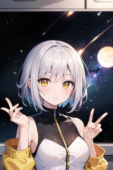 masterpiece, best quality, short hair, silver hair, yellow eyes, medium hair, medium breasts, close-up, indoors, space, science fiction, hand up, jacket, shirt,