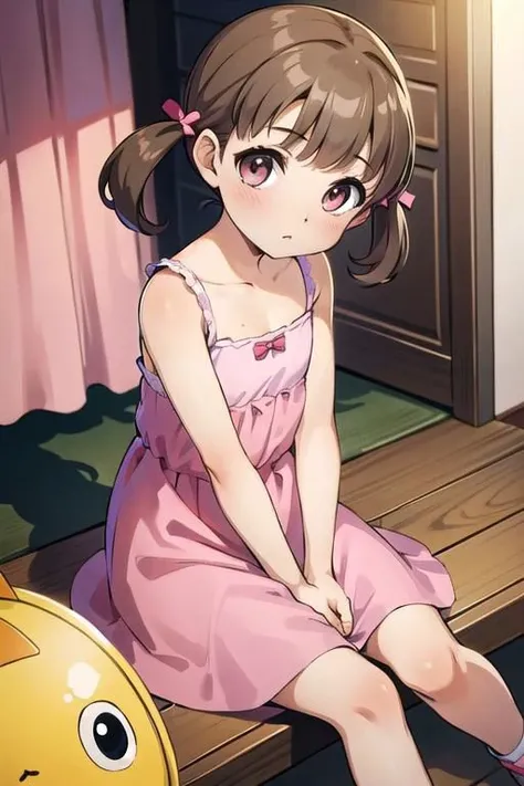 masterpiece, nice hands, best quality, 1girl, Nanako Doujima, short twintails,pink dress, child, platypus plush,