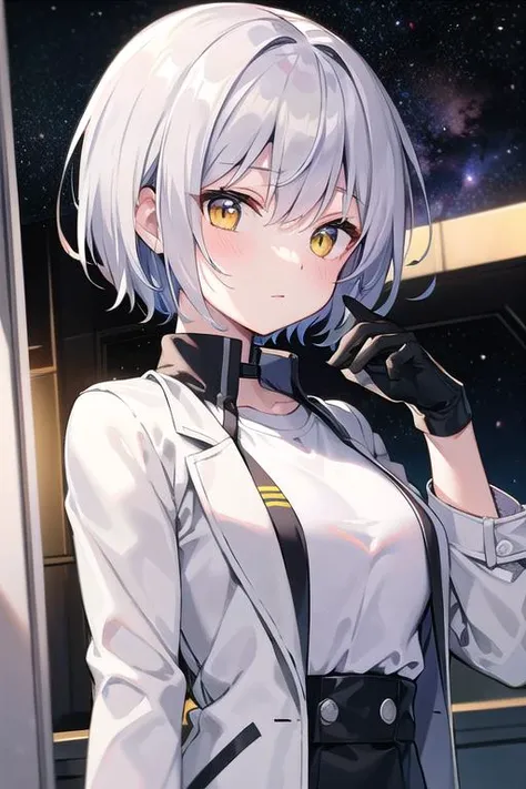 masterpiece, best quality, short hair, silver hair, yellow eyes, medium hair, medium breasts, close-up, indoors, space, science fiction, hand up, jacket, shirt,