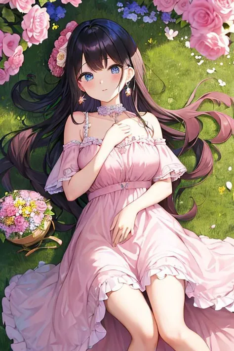 Masterpiece, high quality, One girl(laying on flowers), long pink hair, blue eyes, medium breast, shy, light dress, earrings, background (flowers everywhere around ), view from above,phlg, black hair, pink highlight