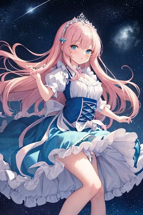 (best quality, masterpiece, illustration, designer, lighting), (extremely detailed CG 8k wallpaper unit), (detailed and expressive eyes), detailed particles, beautiful lighting, a cute girl, long hair, wearing a teddy bear tiara, donning a beautiful blue and white dress with ruffles and lace, sheer pink stockings, transparent aquamarine crystal shoes, bows around her waist (Alice in Wonderland), butterflies around, (Pixiv anime style),(manga style), ((floating in sky)), flowy dress, floating, bubble, dark blue background,Hair with scenery, starry sky,dynamic pose,