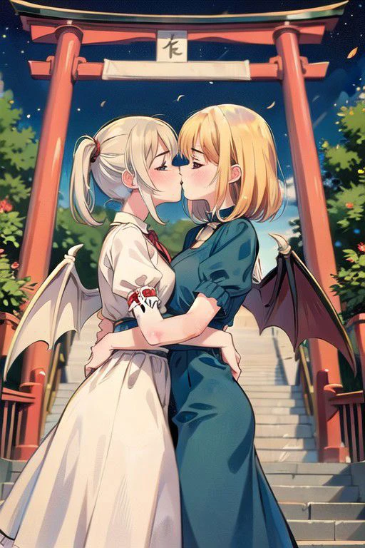 nice hands, best quality, romancecomics, vintage color comics, yuri, kiss, street, lesbian, 2girls, multiple girls, dragon wings, torii, dragon girl, dragon horns, woods,