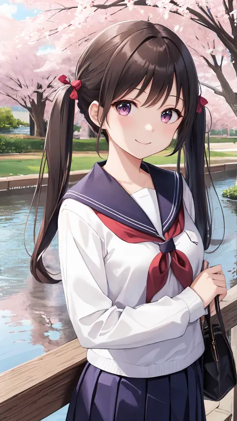 masterpiece, best quality, high resolution, extremely detailed, detailed background, cinematic lighting,1girl , short twintails, smile, school uniform, long sleeves, river, cherry blossoms,