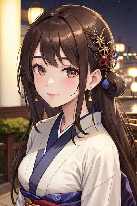 (best quality, masterpiece:1.2, photorealistic:1.4, highly detailed), 1 girl, in her 20s, detailed beautiful face, smile, detailed beautiful eyes, medium-length light-brown hair, wearing a fashionable navy kimono, hair ornament, earrings, realistic detailed skin texture, detailed hair, at hotel lounge, at night, sharp focus, from below portrait, Japanese girl, ,colorful_girl_v2