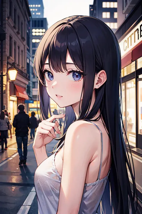 ((masterpiece,best quality anime,Highest quality:1.3)),realistic,cowboy shot,1woman,独奏,(30 year old beauty),((very small head:1.4)),((very long body:1.4)),(dark blue hair),straight long hair,(gorgeous big eyes),black eyes,smile,((slender body:1.4,skinny)),medium breasts,(White tube top shirt、navel,White pleated skirt),((white headphone)),oily skin:1.2,gleaming skin,shiny skin, bustling street、Cyberpunk World、