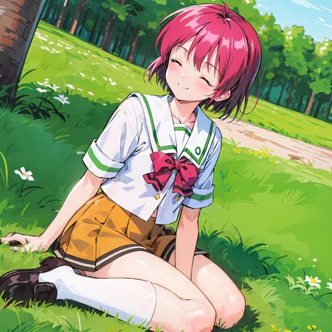 (masterpiece), best quality, high resolution, extremely detailed, perfect lighting, dutch angle,
<lora:tm2_hikari_v1:0.9> tm2hikari, 1girl, solo, short hair BREAK white serafuku, short sleeves BREAK red bowtie BREAK yellow skirt, socks, loafers,
smile, closed mouth, closed eyes, sitting, on grass, wariza, from side, full body, outdoors, nature