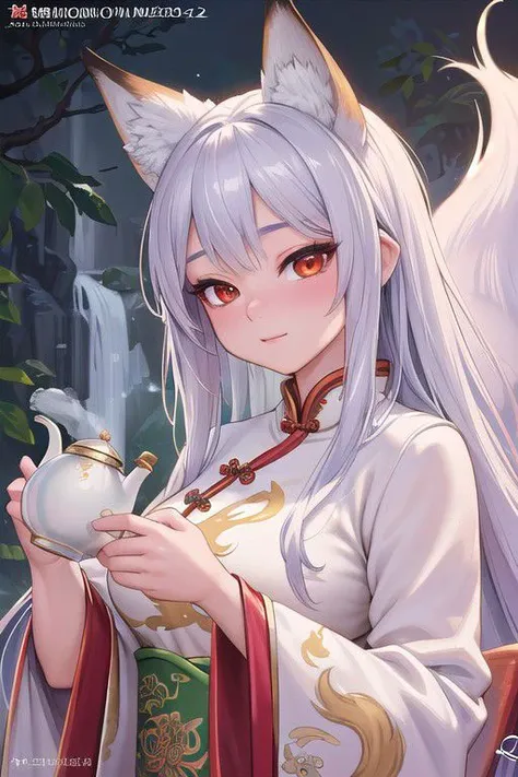 (8K UHD: 1.29), RAW photo, best quality, masterpiece, ultra-high resolution, color, (realism: 1.4), original photo, lively texture, (creamy smooth skin),
mythical creature, fox dressed in a Chinese costume, holding a tea pot, Anne Stokes artwork, Kinkade-inspired, character portrait, furry art.