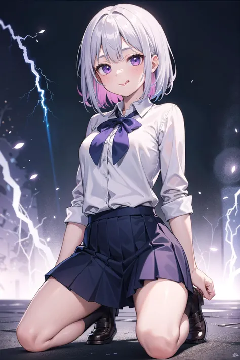 (masterpiece), best quality, high resolution, highly detailed, detailed background, cinematic light, 1girl, silver hair, sidelocks, multicolored hair, purple eyes, medium hair, school uniform, kneeling, tongue out, lightning