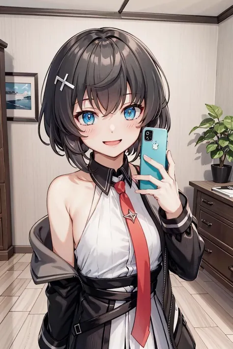 masterpiece, best quality, high resolution, extremely detailed, detailed background, cinematic lighting, 1girl, looking at viewer, <lora:Counter side未來戰-Noel:1>, original outfit, phone, necktie, gloves, cellphone, selfie, smile, holding phone, jacket, holding, black gloves, indoors, sleeveless, smartphone