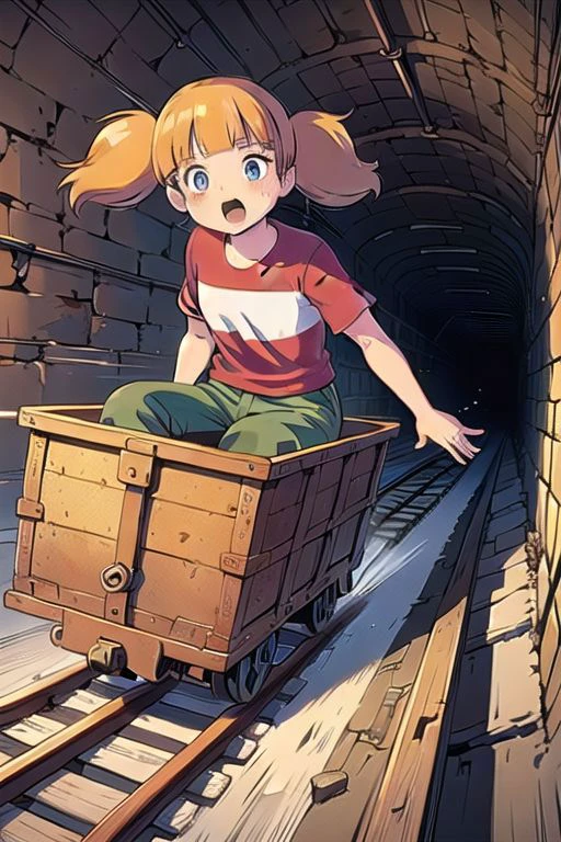 anime screencap, masterpiece, nice hands, best quality, 1girl, penny, solo, blonde hair, twintails, blunt bangs, flat chest, (red shirt, single stripe, striped shirt), pants, green pants, (reinforced knee:0.5), driving in box-shaped minecar,driving through a narrow dark underground tunnel in a dungeon,rusty,iron,box-shaped minecar,in box,railroad tracks,speed lines,dark background,floating hair,wind,