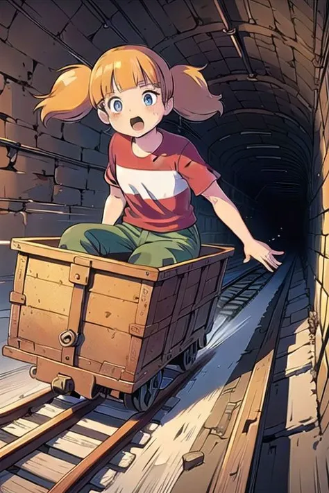 anime screencap, masterpiece,  nice hands, best quality,  1girl, penny, solo, blonde hair, twintails, blunt bangs, flat chest, (red shirt, single stripe, striped shirt), pants, green pants, (reinforced knee:0.5), driving in box-shaped minecar,driving through a narrow dark underground tunnel in a dungeon,rusty,iron,box-shaped minecar,in box,railroad tracks,speed lines,dark background,floating hair,wind,