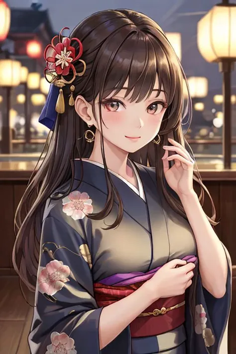 (best quality, masterpiece:1.2, photorealistic:1.4, highly detailed), 1 girl, in her 20s, detailed beautiful face, smile, detailed beautiful eyes, medium-length light-brown hair, wearing a fashionable navy kimono, hair ornament, earrings, realistic detailed skin texture, detailed hair, at hotel lounge, at night, sharp focus, from below portrait, Japanese girl, ,colorful_girl_v2