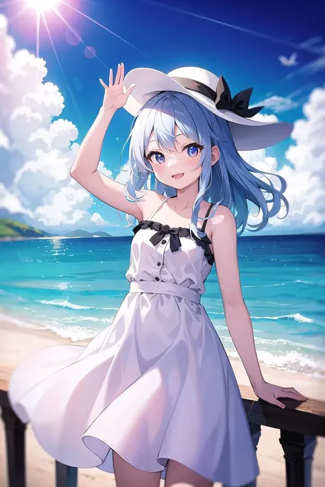 absurdres, 1girl, ocean, railing, white dress, sun hat, smile, waving,