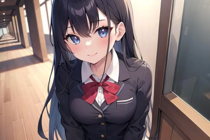 masterpiece, best quality, extremely detailed, detailed background, 1girl, cute, medium breasts, school uniform, school hallways, perfect eyes, seductive eyes, seductive smile, seductive pose, looking at viewer, wet, wet clothes,
