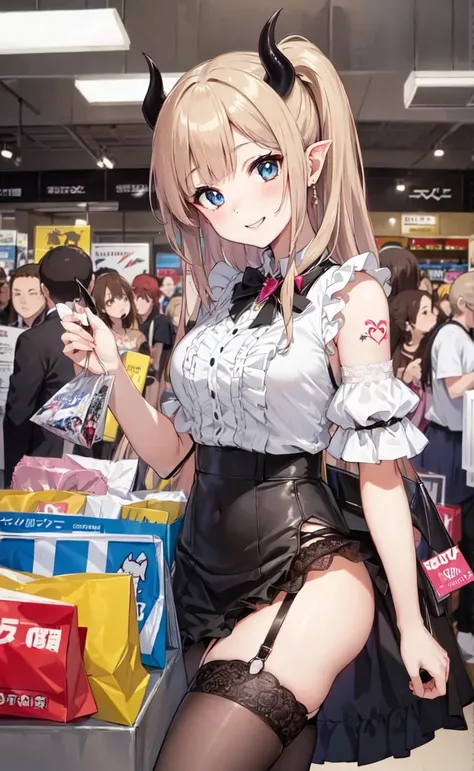 (high resolution:1.2), (hyper extreme detailed:1.2),extremely detailed, 12yo girl,(anime:1.1) (head tilt:1.05), (succubus) (demon tail:1.3),(garter belt:1.1),(child-faced:1.05),(Highly detailed scenery:1.103), beautiful eyes, photorealistic background,(happy), medium breasts, tattoo:1.25,(from front:1.2),(indoor),(public crowd:1.3), (casual costume:1.2)(frill skirt), (steam:1.1), (double piece:1.4),(shopping:1.2)