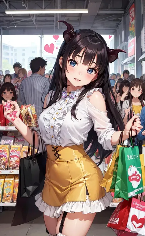 (high resolution:1.2), (hyper extreme detailed:1.2),extremely detailed, 12yo girl,(anime:1.1) (head tilt:1.05), (succubus) (heart tail:1.3),(garter belt:1.1),(child-faced:1.05),(Highly detailed scenery:1.103), beautiful eyes, photorealistic background,(happy), medium breasts, tattoo:1.25,(from front:1.2),(indoor),(public crowd:1.3), (casual costume:1.2)(frill skirt), (steam:1.1), (double piece:1.4),(shopping:1.2)