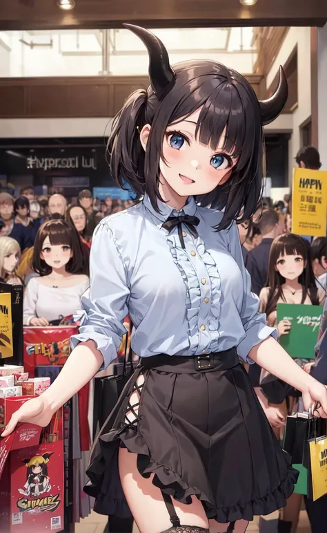 (high resolution:1.2), (hyper extreme detailed:1.2),extremely detailed, 12yo girl,(anime:1.1) (head tilt:1.05), (succubus) (demon tail:1.3),(garter belt:1.1),(child-faced:1.05),(Highly detailed scenery:1.103), beautiful eyes, photorealistic background,(happy), medium breasts, tattoo:1.25,(from front:1.2),(indoor),(public crowd:1.3), (casual costume:1.2)(frill skirt), (steam:1.1), (double piece:1.4),(shopping:1.2)