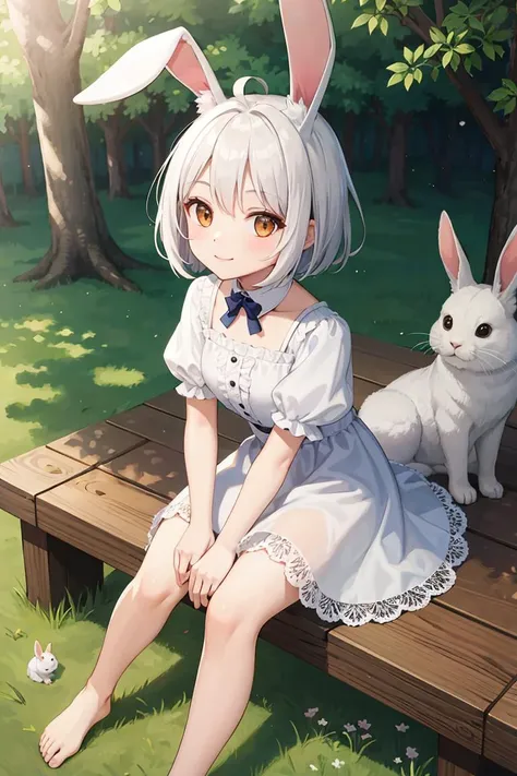 masterpiece, best quality, high resolution, extremely detailed, detailed background, cinematic lighting, 1girl, looking at viewer, animal ears, rabbit, barefoot, dress, sitting, rabbit ears, short sleeves, looking at viewer, grass, short hair, smile, white hair, puffy sleeves, outdoors, puffy short sleeves, bangs, full body, animal, white dress, sunlight, brown eyes, dappled sunlight, day,