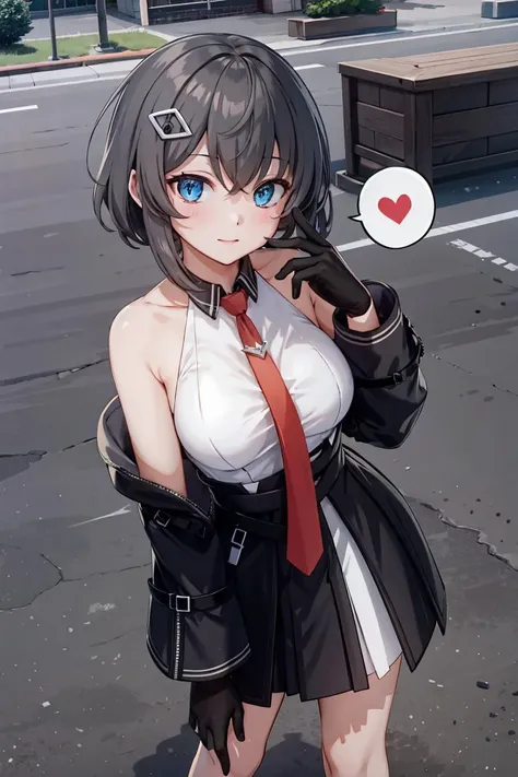 masterpiece, best quality, high resolution, extremely detailed, detailed background, cinematic lighting, 1girl, looking at viewer, <lora:Counter side未來戰-Noel:1>, original outfit, spoken heart, necktie, black gloves, breasts, skirt, shirt, sleeveless, hand on hip, leaning forward, :i, outdoors, hand on own knee,