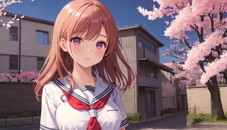 masterpiece, best quality, high resolution, extremely detailed, detailed background, cinematic lighting, 1girl, cute, medium breasts, school uniform, buildings, outdoor, cherry blossoms, bokeh